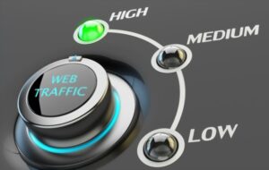 Highest level of web traffic concept, web interface switch button pointing to the green indicator with item high on black background